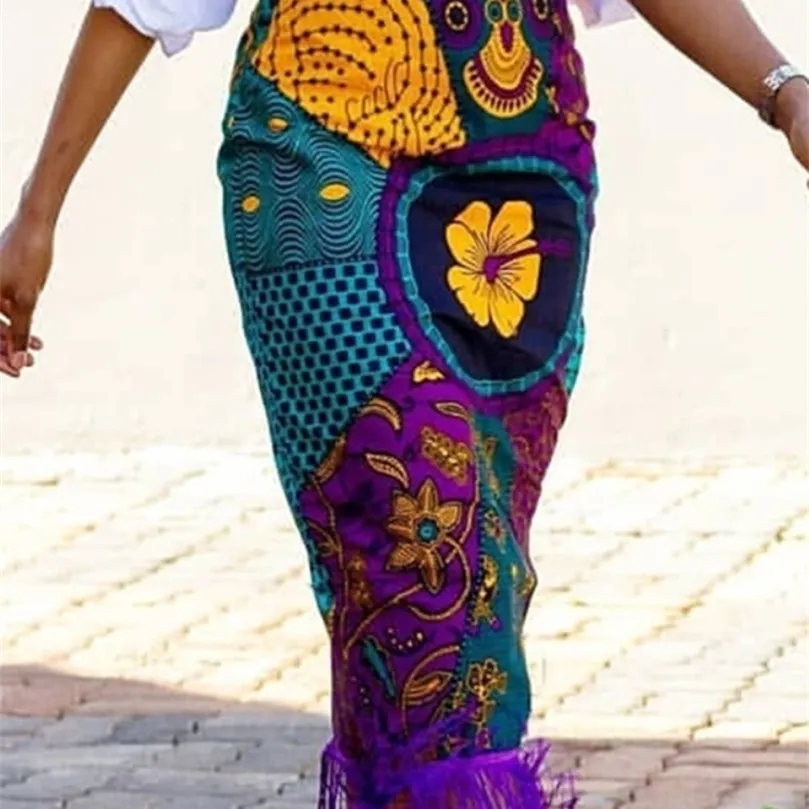 Women Summer Print Skirt Vintage Floral African Fashion High Waist Tassel Classy Modest Elegant Retro Jupes Falads Drop 220317