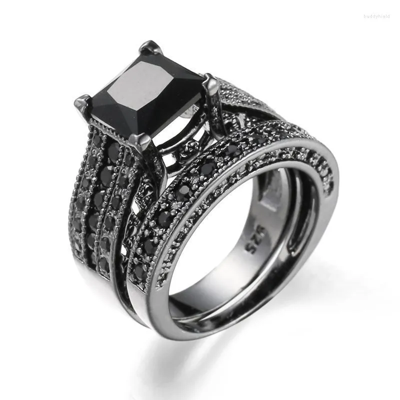 Wedding Rings Couple Black Gold Plated Princess Cut Cubic Zirconia Engagement Ring Set