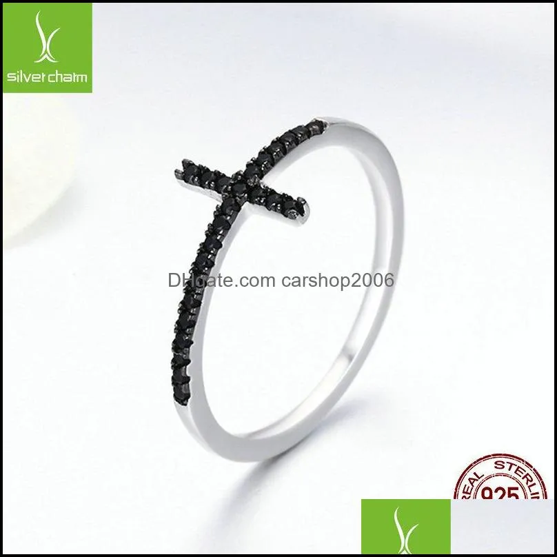 Popular 925 Sterling Silver Faith Cross Shape Finger Rings for Women Black Clear CZ Jewelry Gift 2013 Q2