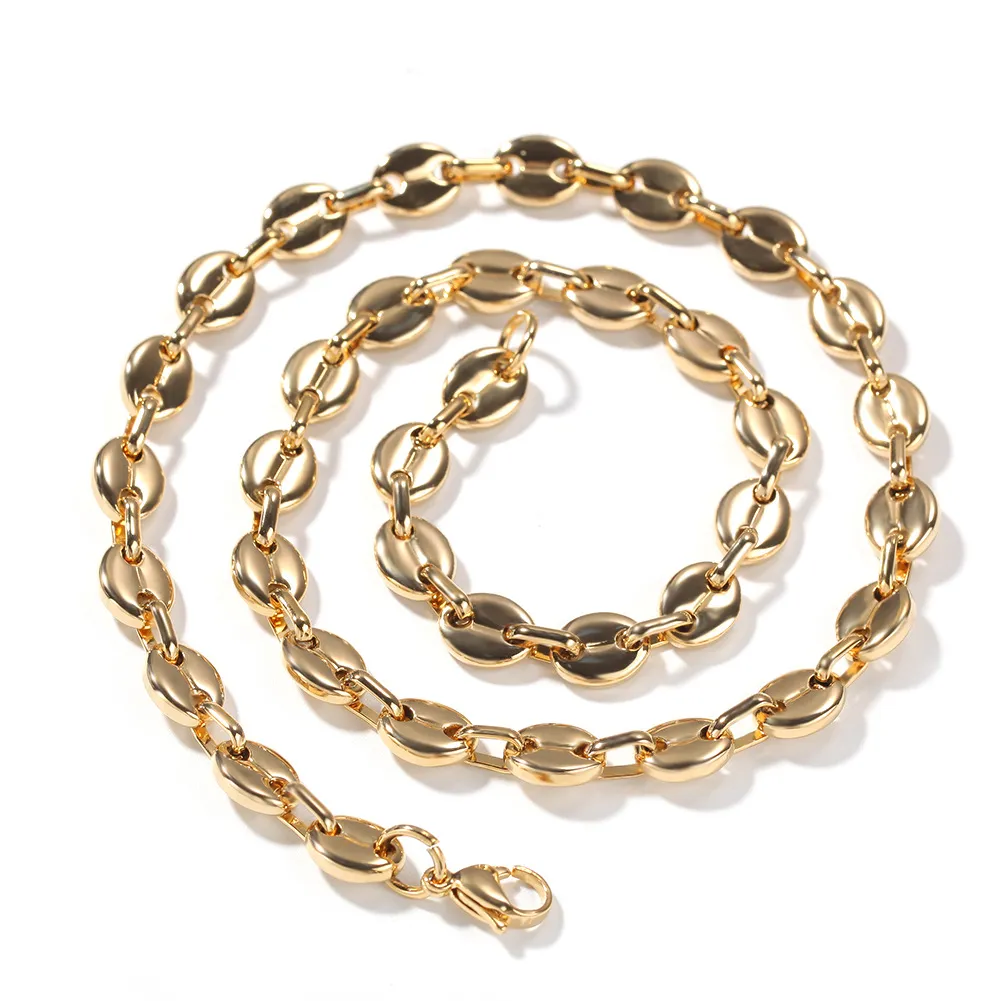 Hip Hop Stainless Steel Coffee Bean Chain Strands Necklace Bracelet Fashion Jewelry Gold Color Preservation Electroplating Wild Retro Button Accessories for Men