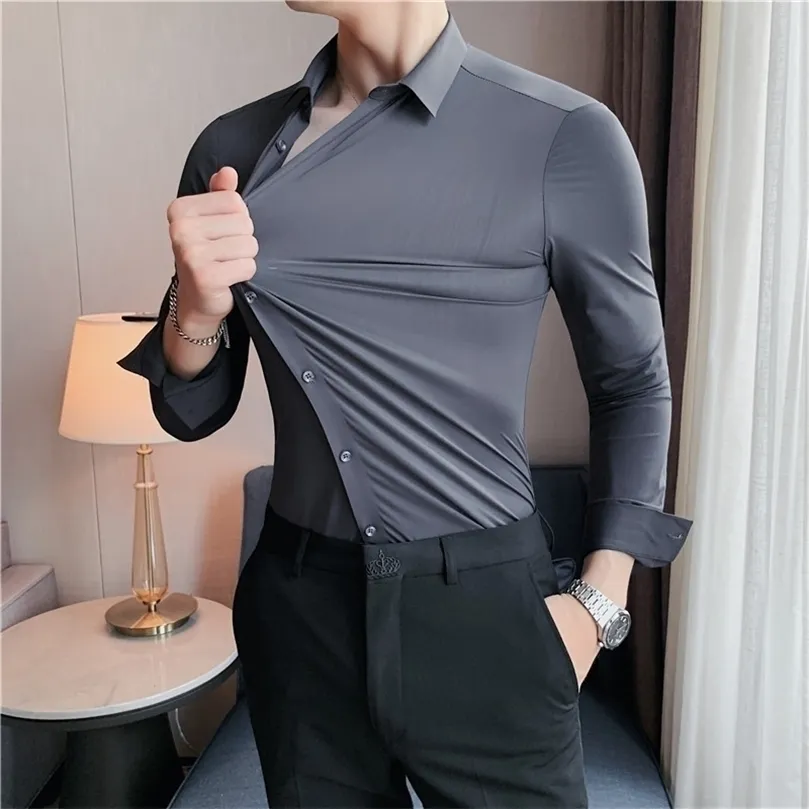 Wysoka elastyczność Bez szwu męska koszula z długim rękawem Slim Casual Solid Color Business Formal Dress S Social Party Bluzka 220401