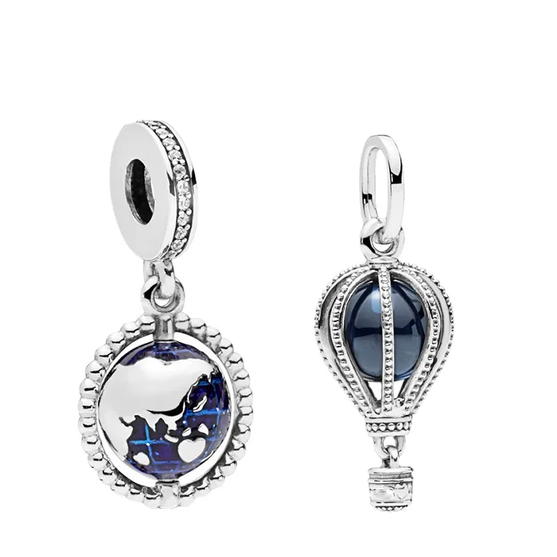 Populär högkvalitativ 925 Sterling Silver Blue Emamel Globe Charm för original Pandora Women's Armband Halsband DIY Jewelry Fashion Accessory Making