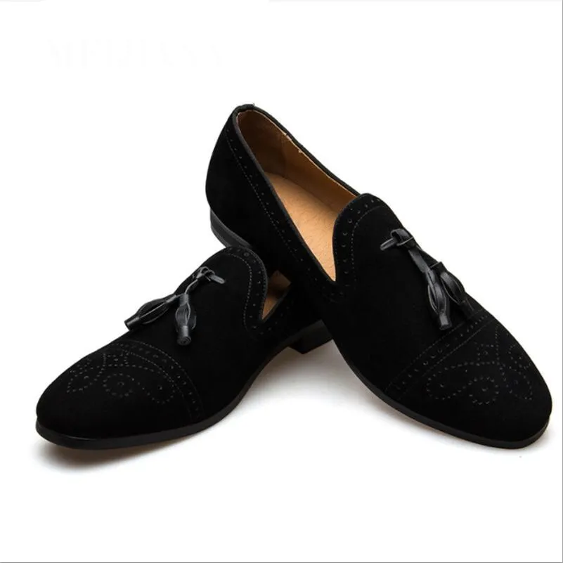 Brogue Men Dress Cow Suede Casual Black Slip On Tassels Loafers kantoor trouwschoenen mannelijk