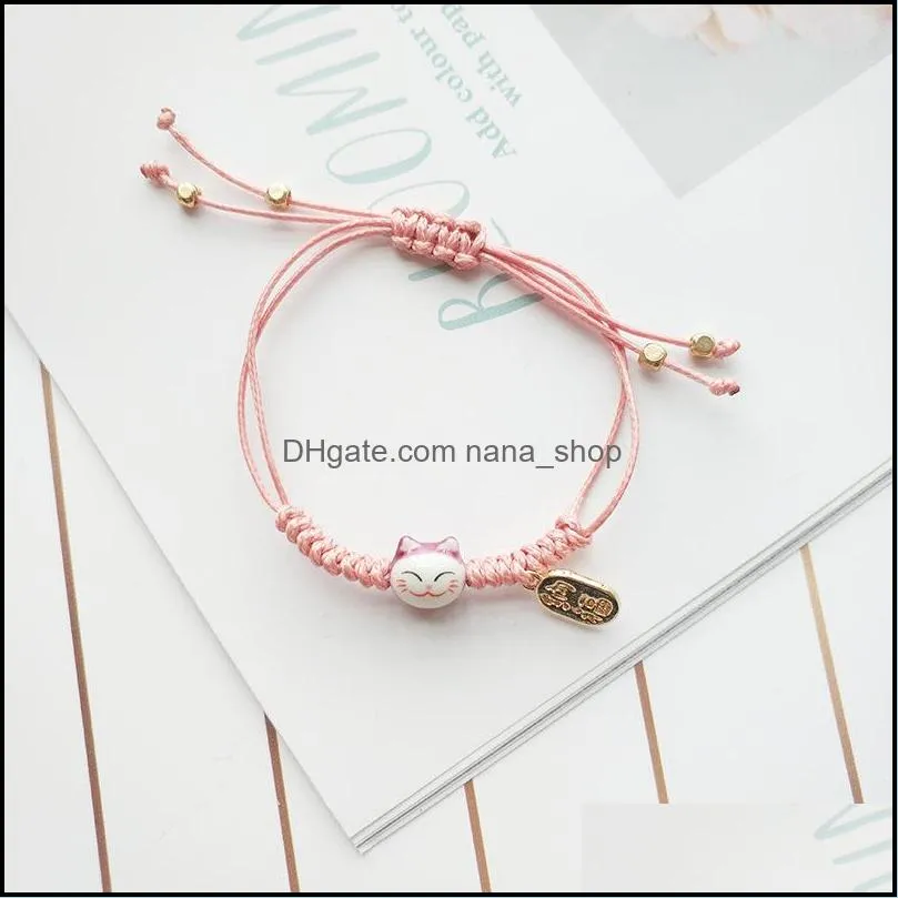 handmade colorful rope lucky cat chain bracelet for women girls birthday gifts charm tassel fashion maneki neko couple bangles