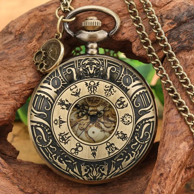 Pocket Watches Steampunk Constellations Watch Vintage Bronze Hollow Case Quartz Roman Dial Accessory Pendant Clock With Chain GiftPocket