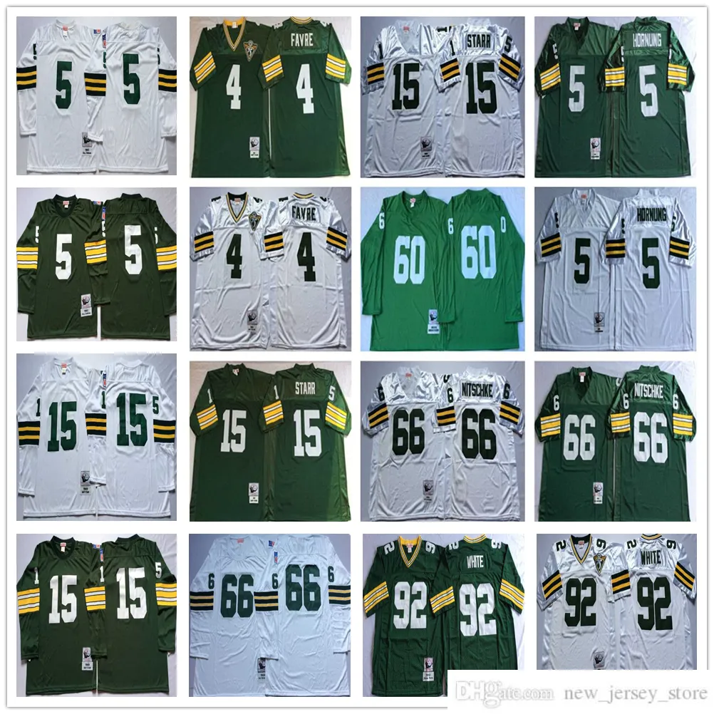 NCAA 후퇴 92 레지 화이트 풋볼 유니폼 레트로 스티치 4 Brett Favre 5 Paul Hornung 15 Bart Starr 66 Ray Nitschke Jersey College Green White