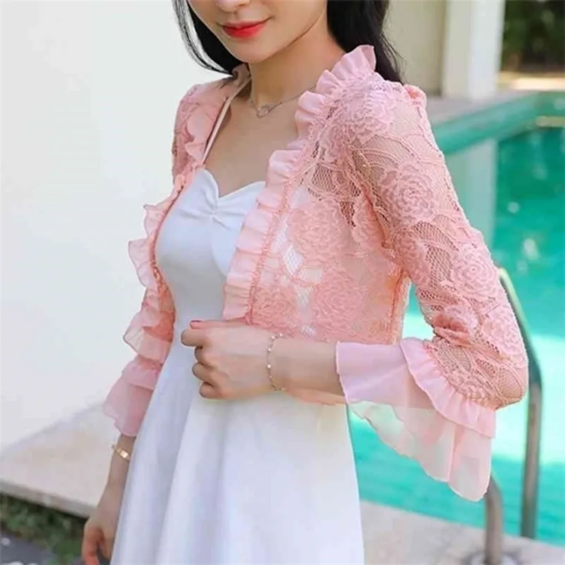 Summer Lace Shirt Women Blouse Hollow Out Lace Crochet Short Tops Cardigan Shawl Waistcoat Vest blusas femininas T91591 210326