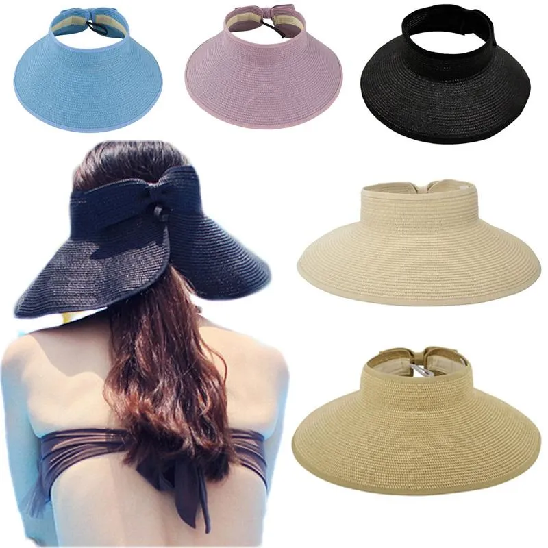 넓은 가슴 모자 여름 빈 탑 활 밀짚 여자 접이식 대형 해변 캡 휴대용 안티 UV 선산 모자 우아한 여자 선 바이저 모자