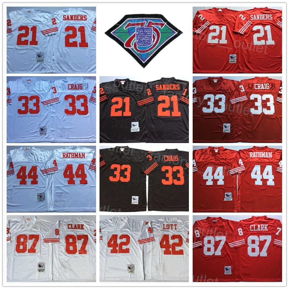 Mitchell och Ness Throwback 75-årsjubileum Fotboll 33 Roger Craig Jersey Vintage 21 Deion Sanders 44 Tom Rathman 87 Dwight Clark Retro All Stitched Color ncaa