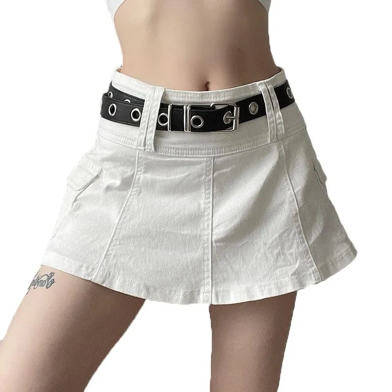 Kjolar 2022 streetwear retro denim shorts kjol kvinnor sommar vita svarta avslappnade damer korta jeans elastiska bollklänning saia kvinnlig