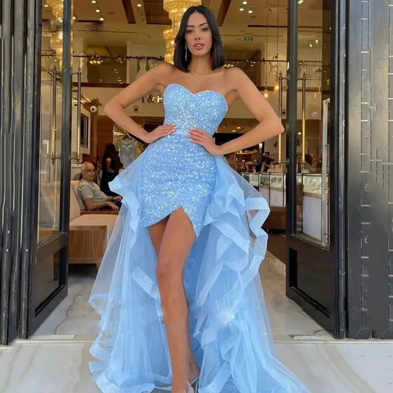 Sky Blue Pailletten Prom Kleider mit Rüschen abnehmbarer Zug Minirock Cocktail Party Kleid Schatz Hülle kurze Abendkleider