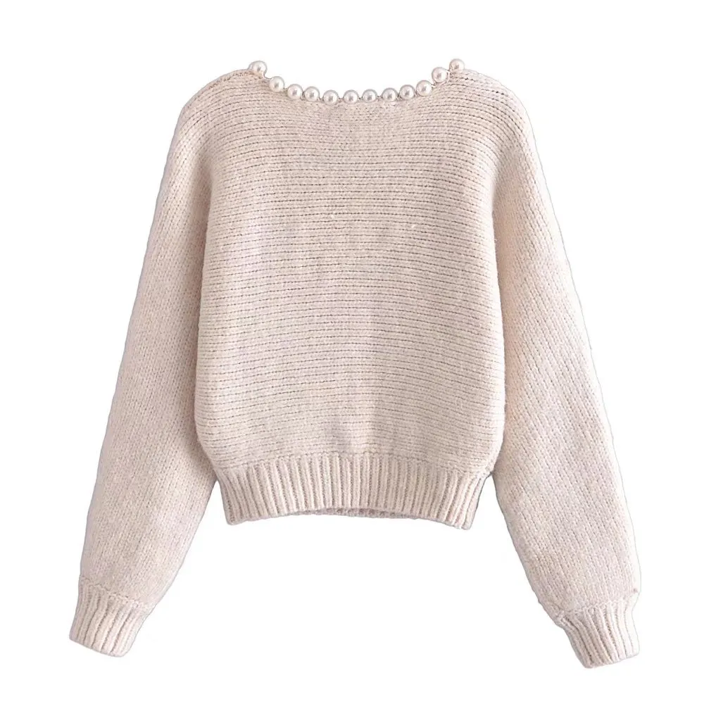 Kobiety swetry Nowe kobiety mody mody okrągły sweter z faux perłowy koralik długie rękawy elegancka dama kobieta swobodne ciepłe pullover zima zima