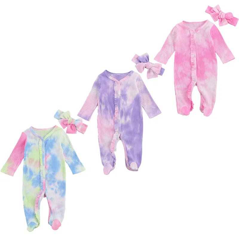 FOCUSNORM geborenes Baby Mädchen Batik Strampler Rüschen Langarm Einreiher Overalls Stirnband 3 Farben 220525