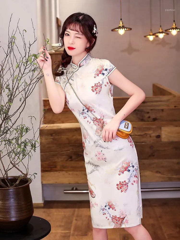 Kvinnor Elegant mandarin krage blommig tryck qipao kinesisk stil kort ärm cheongsam traditionell klänning för etniska kläder