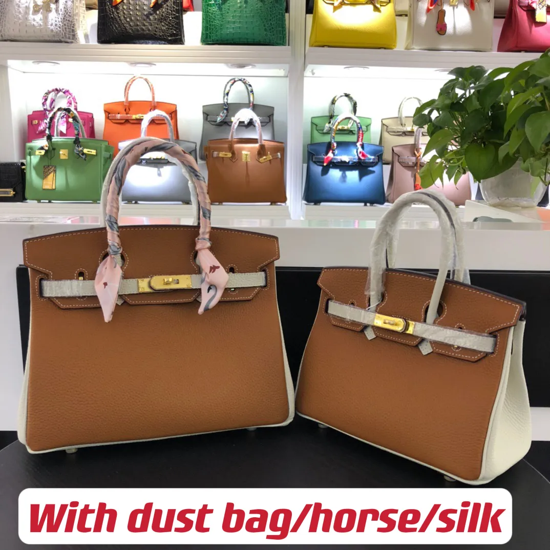 Top 9A Togo Cowhide Leather Bicolors Bags Socialite Tote 25/30cm Woman Designer Handbag With horse and silk Lock Gold and Silver Hardware No Holes & Straps