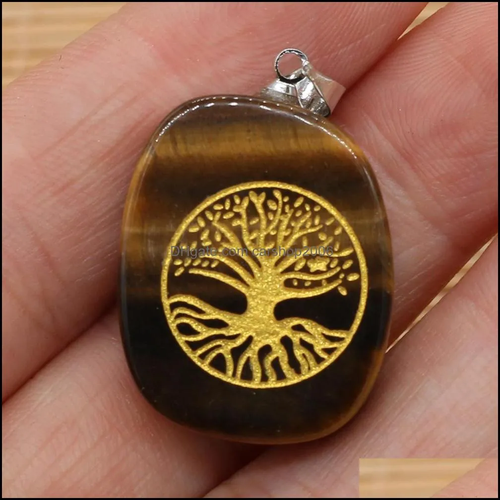 chakra reiki healing semi-precious stone pendant charms tree of life pattern pendants amulet crystal meditation for men women jewelry