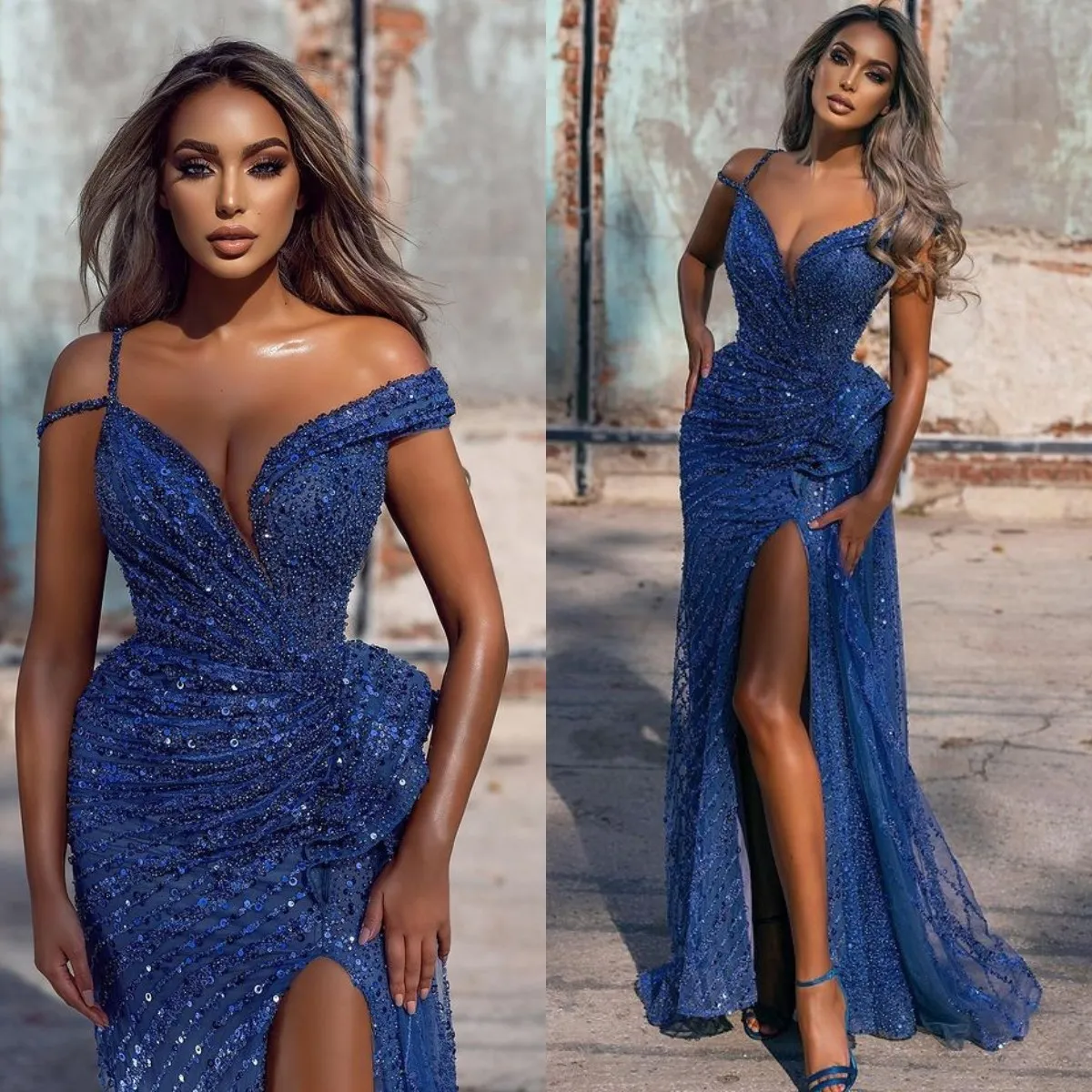 Luxury 2022 Mermaid Split Prom Dresses Royal Blue Sparkly Beading Sequined Evening Dress Formal Wear Party Gowns