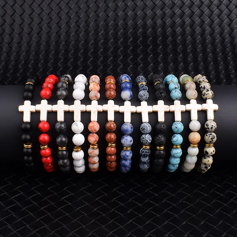 Moda Jesus Cruz Charme Strands Bracelets Homem Natureza Lava Pedra de 8 mm Brancas brancas Bracelets Oração de pulseiras de reiki para mulheres joias de ioga