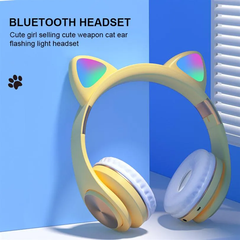 NEW LED Cat Ear Wireless Headphones Metallic feel Earmuffs Headset Bluetooth 5.0 Kids Earphone Support TF Card With Microphones277G