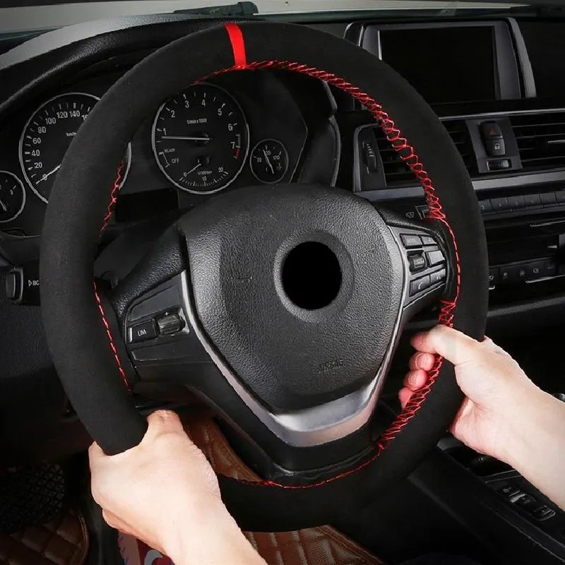 Steering Wheel Covers 36CM/38CM Universal Anti-Slip Sweat Leather Braid On The Car Steering-wheel Cover Suede Sport Style AccessoriesSteerin