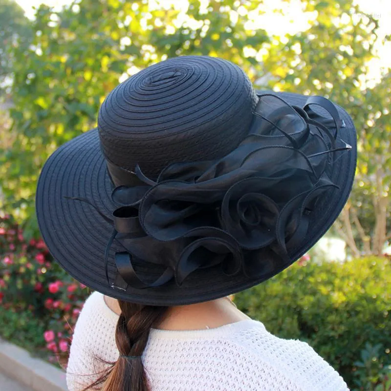 Cappelli a tesa larga Elegante sole estivo per le donne con cappello fedora a fiore grande Cappello da festa nuziale per donna alla modaWideWideWide Wend22