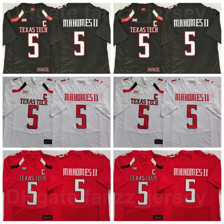 NCAA Football Tech Red College 5 Patrick Mahomes II Jerseys Men University Brodery and Sying Black White Team Breattable For Sport Fans Utmärkt kvalitet till försäljning