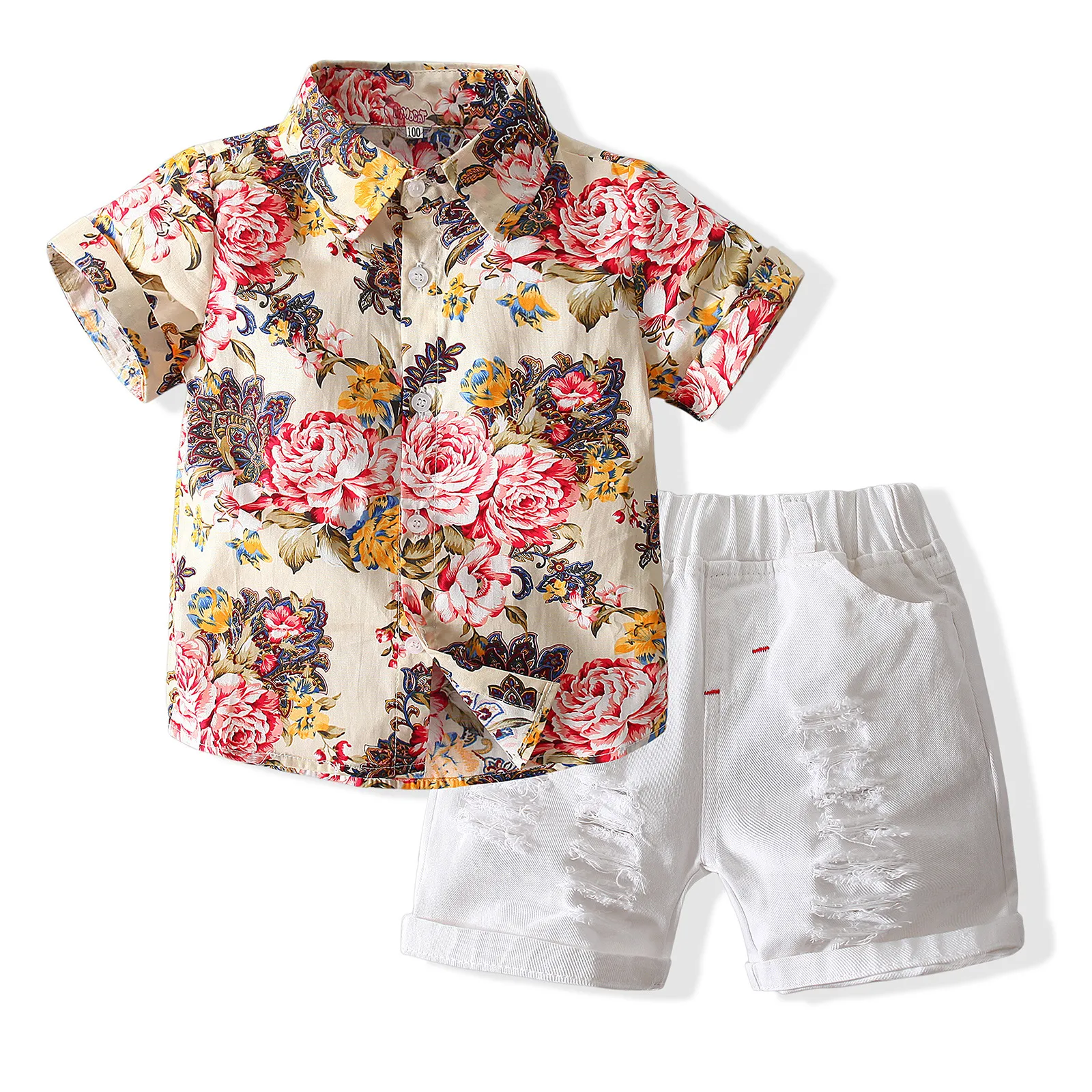 Roupas florais para meninos Kids Configure camisa de manga curta de verão Tampa de shorts rasgados 2pcs Roupas de roupas de menino