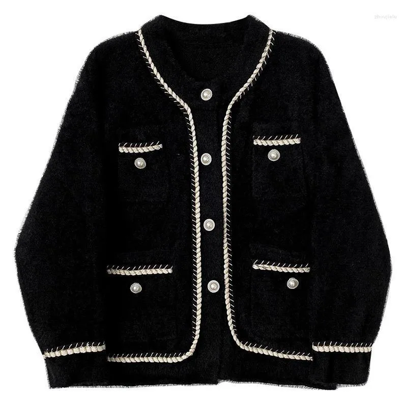 Lã feminina mistura Korejepo Coat design feminino Design de moda Feminina Primavera/outono 2022 Escritório Lady Pérolas Solides de Manga Longa Top Vintage