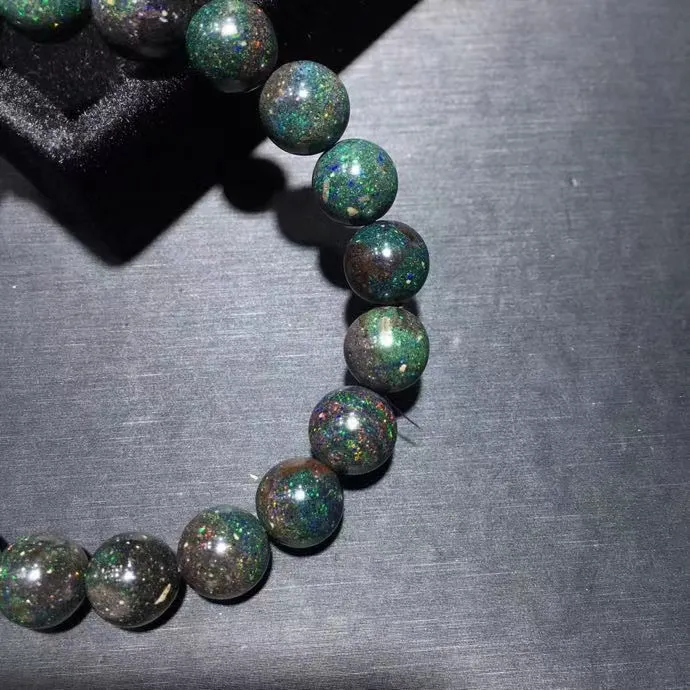 Natural Black Opal Bracelet Round Beads Colorful Opal Flash Light Gemstone 9.5mm Stretch Women Men Jewelry AAAAA