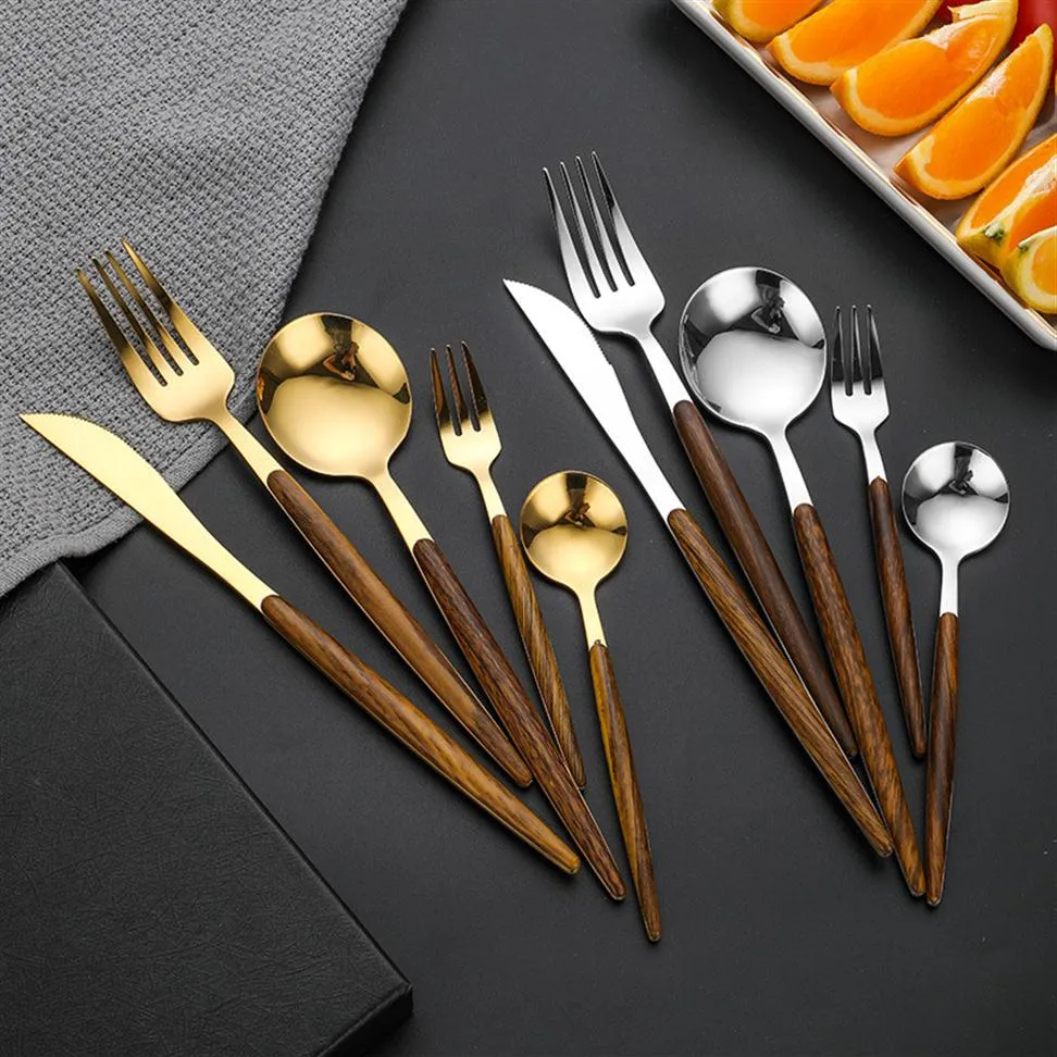 Visual Touch Luxury Silverware Wooden Handle Gold Silver Dinner Flatware Set Dessert Spoon Fork Knife Sets for Home Commercial298y