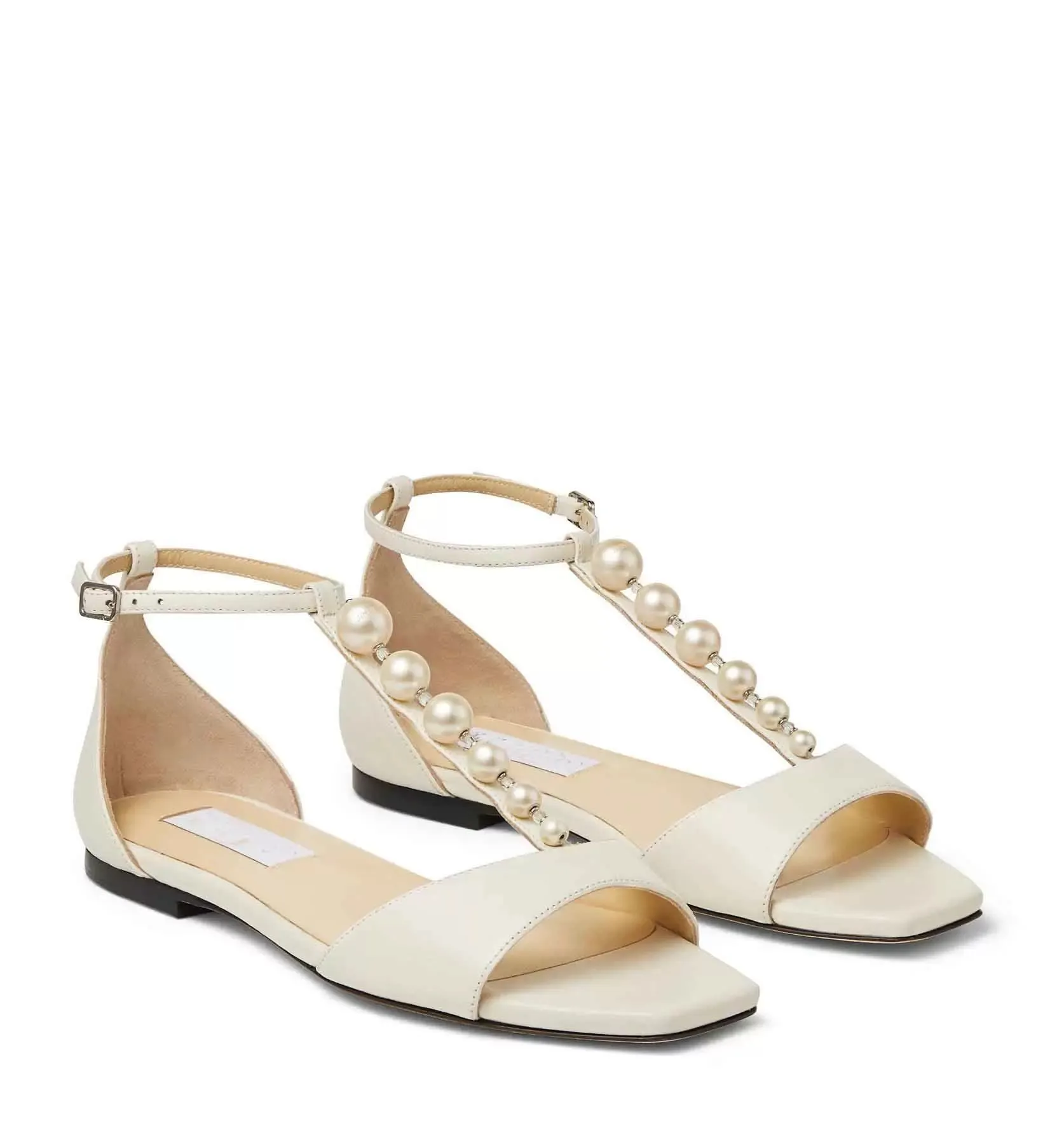 Luxo Bella Sandálias Flats Pérolas enfeitadas Gladiador Sandalias Couro Branco Tira Cintilantes Cristais Feminino Conforto Caminhada Senhora Vestido de Festa Com Caixa