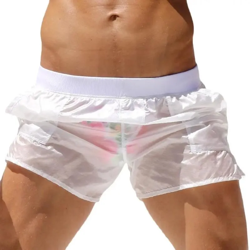 Мужские шорты летние мужские полупрозрачные сексуальные плавающие смотрит через пляжную доску Man Pocket Thin Casual White Home Lounge Boxershortsmen's