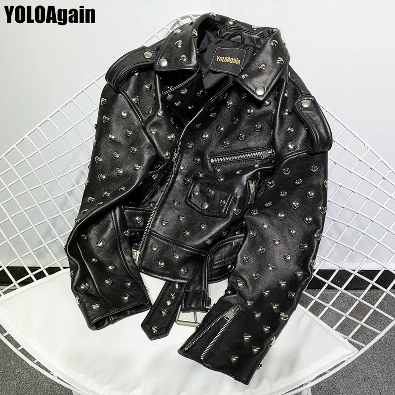 Yoloagain 여성 정품 가죽 자켓 레이디 하이 스트리트 하트 리벳 검은 실제 가죽 재킷 201030