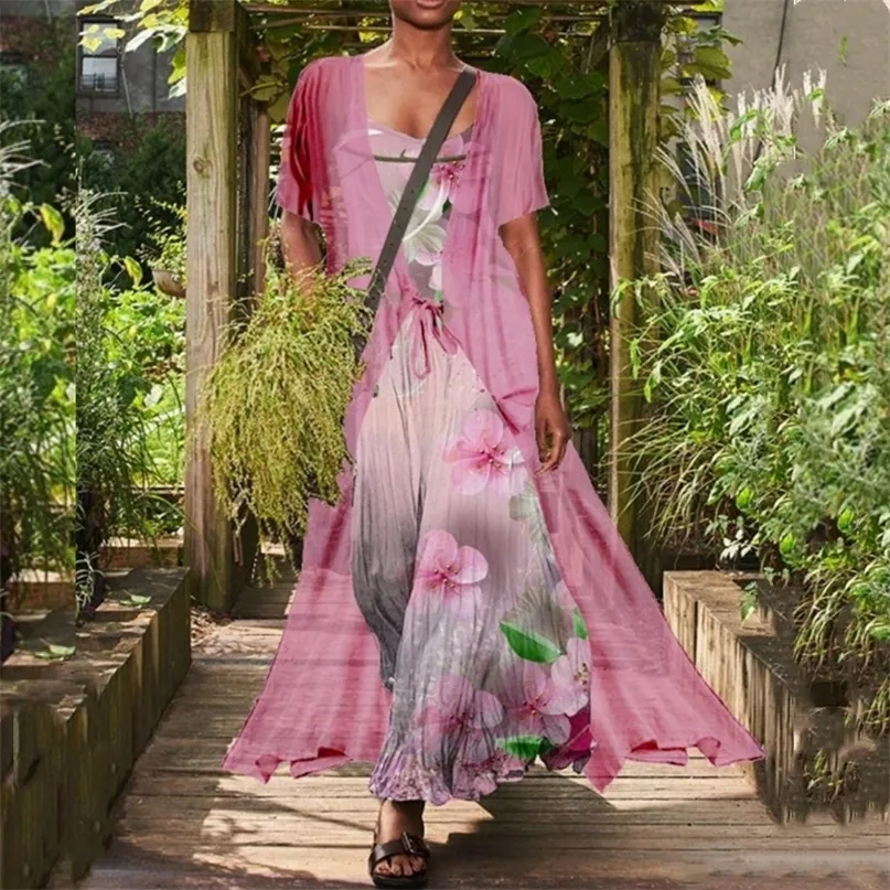 Vestidos maxi de verão em estilo chinês para mulheres xale de cardigã sólido e estampa floral strap sling maxi vestido de plus size 220516