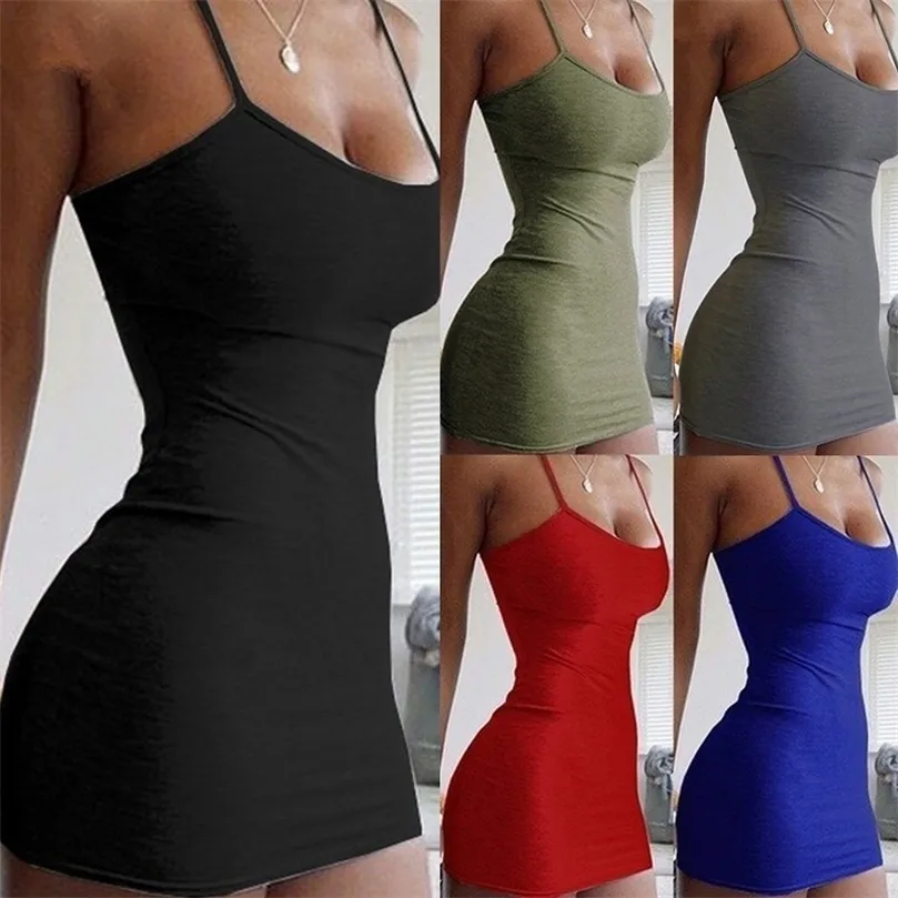 Spaghetti Strap Camisole Mini Vestido Mulheres Bodycon Vestidos Verão Sexy Baixo Corte Sem Mangas Sólida Cor Party Club Dress 220705