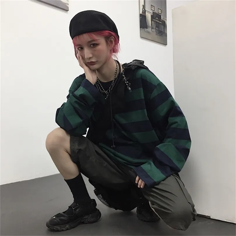 Harajuku büyük boy cadde şerit tişört uzun kollu vintage stil tüm maç moda unisex giyim japon sokak kıyafetleri 220618