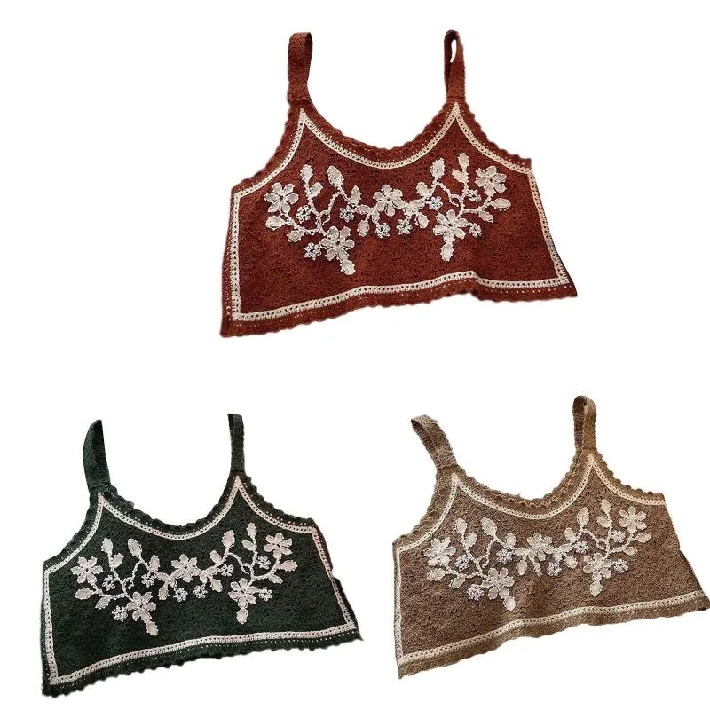 Débardeurs pour femmes Camis Femmes Crochet Tricot Spaghetti Strap Crop Top Broderie Perlée Feuilles Florales Pull Gilet Contraste Couleur Camisole Outwe