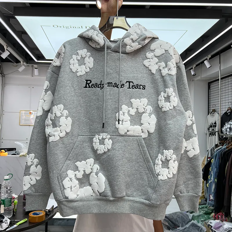 Puff Printed Sweatshirts Embroidery Letters Grey Hoodies Streetwear Hip Hop Fleece casual Women Loose Fit Designer Hoodie Real Pics