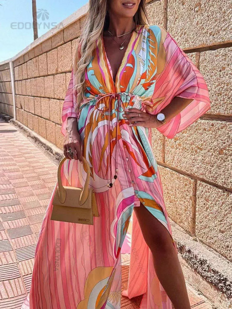 Boho Beach Dress: Long Print Cover Up With Self Belt