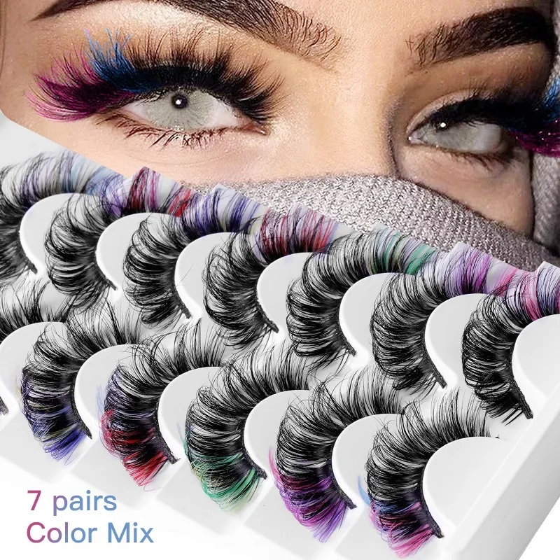 Thick Multilayer Color Mink False Eyelashes 7 Pairs Set Curly Crisscross Hand Made Messy Fake Lashes Eyes Makeup Easy to Wear Beautiful Lash Extensions