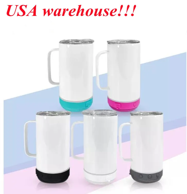 local warehouse 14oz sublimation Bluetooth tumbler straight speaker tumblers with handle Wireless Intelligent 5 colors audio Stainless Steel Music Cup USA stock