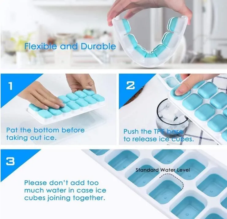 Ice Cube Trays Kitchen Tools 2 Pack Easy-Release Silicone Flexible 14-Ice Trays include Spill-Resistant Removable Lid BPA Free for Drinks Cocktail