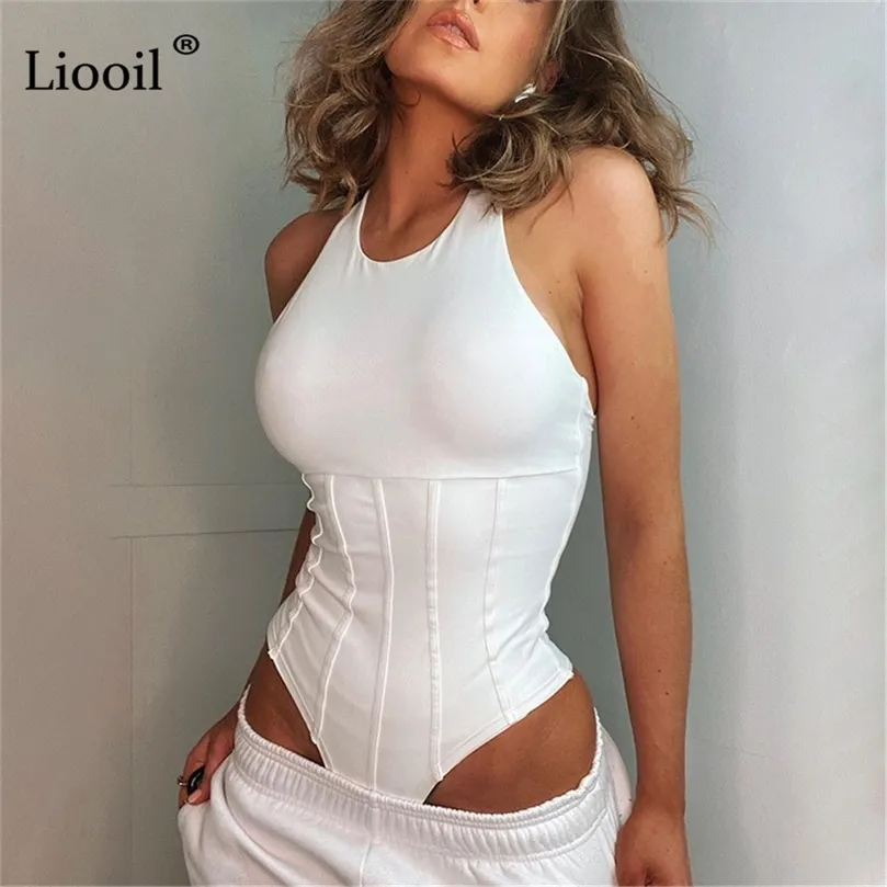 Liooil Patchwork Tuta bianca Top Tuta attillata sexy per donna Pagliaccetto Streetwear Tuta aderente senza schienale senza maniche 210306