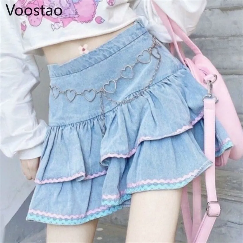 Sweet Lolita Estilo Mini Saia Harajuku Cute Preppy JK Denim Meninas Japonesas Sexy Punk Cintura Alta Tiered 220322