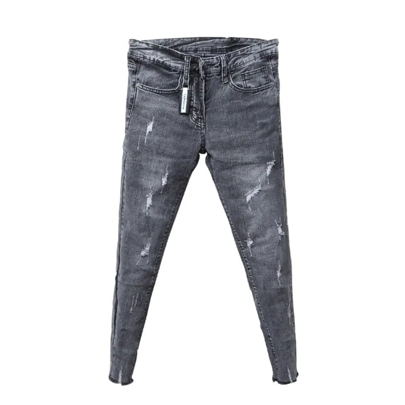 Partihandel mode denim casual mager jeans män hiphop studenter grå trendiga herr sommar koreanska slim-fit stretch-hål jeans 201128