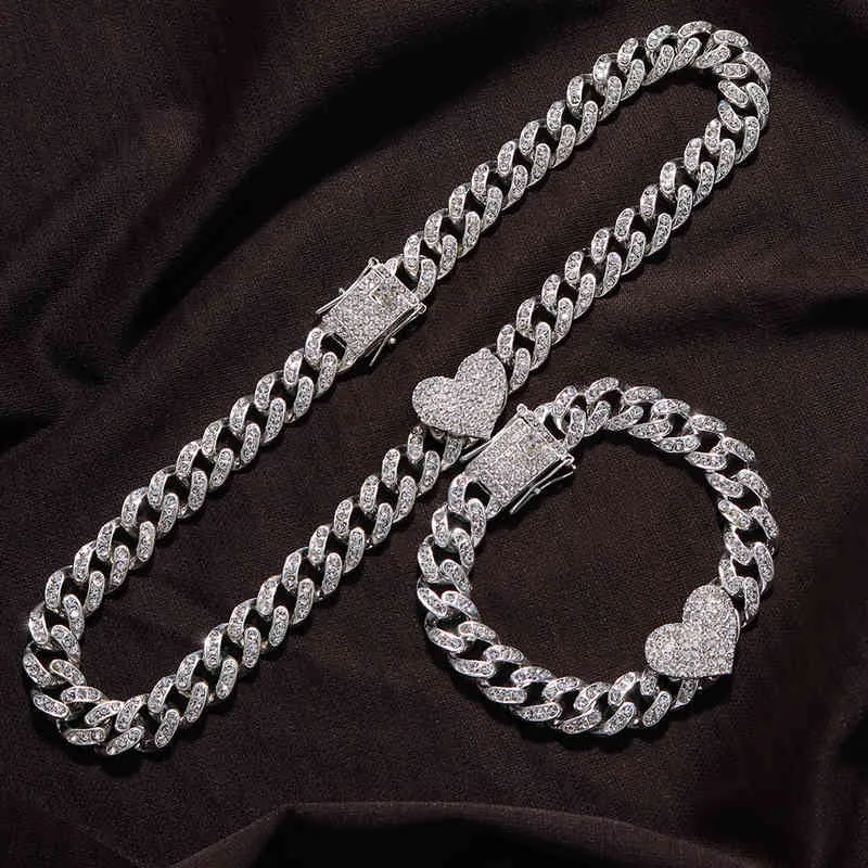 2PC / 세트 랩퍼 전체 무거운 하트 모양의 쿠바 링크 팔찌 체인 Prong Pave Luxury Hiphop Jewelry CZ