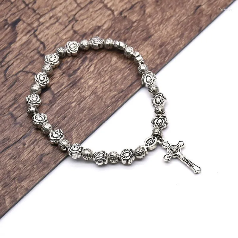 Link Chain Metal Rose Flower Cross Pärlor Jesus Kristus Rosaries Armband Crucifix Religious Katolska bönsmycken Bekräftelser Fawn22