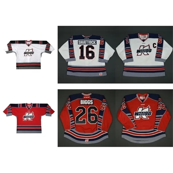 C26 Nik1 Mens Womens Kids ECHL Kalamazoo Wings 사용자 정의 16 Tyler Shattock 26 Tyler Biggs 스티치 저렴한 하키 유니폼 Goalit Cut rare