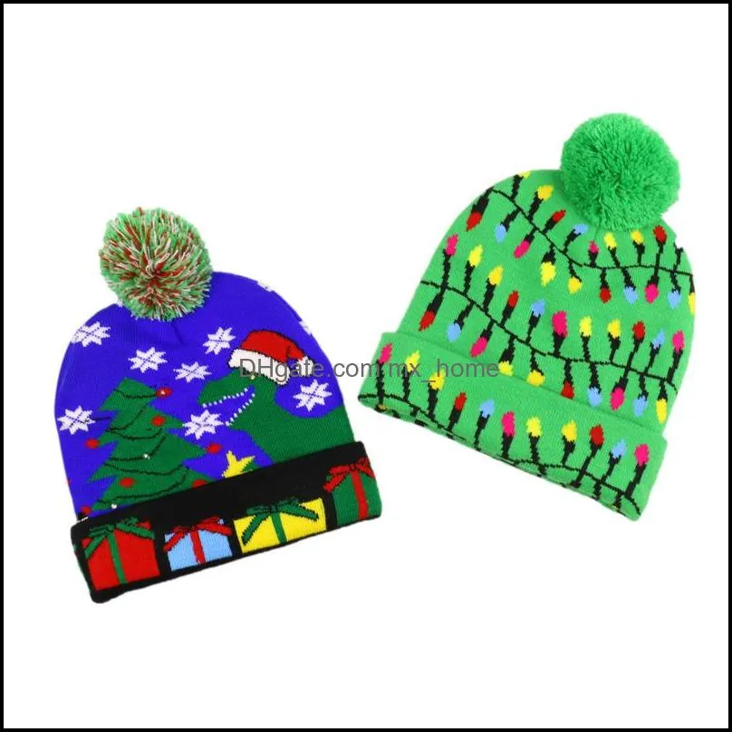 14 Designs Kids Christmas Knitted LED Lights Beanie Santa Claus Elk Snowflake Winter hat beanies For Kids Adults Christmas Party 09