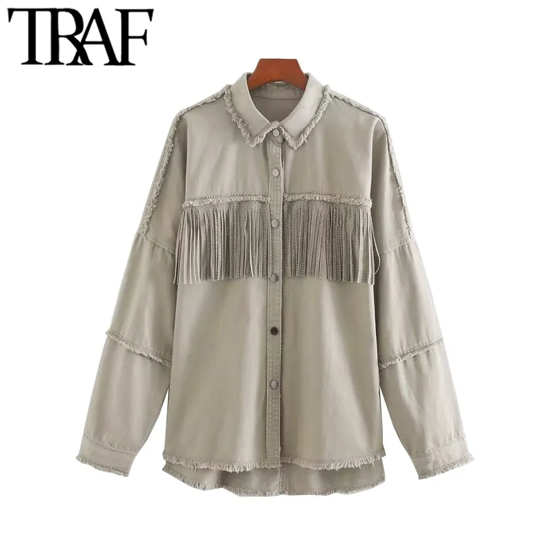 TRAF Moda Donna Oversize Sfilacciato Con Frangia Giacca di Jeans Cappotto Vintage Manica Lunga Nappa Capispalla Femminile Chic Top 201026